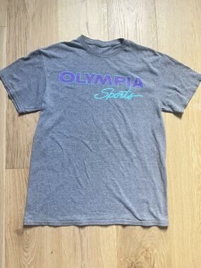 Vintage 90's Olympia Sports Purple Teal Big Logo & Gray Tee Shirt M